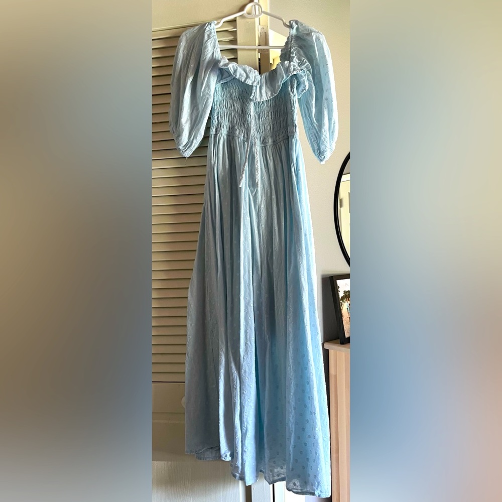 Large off the shoulder light blue dress